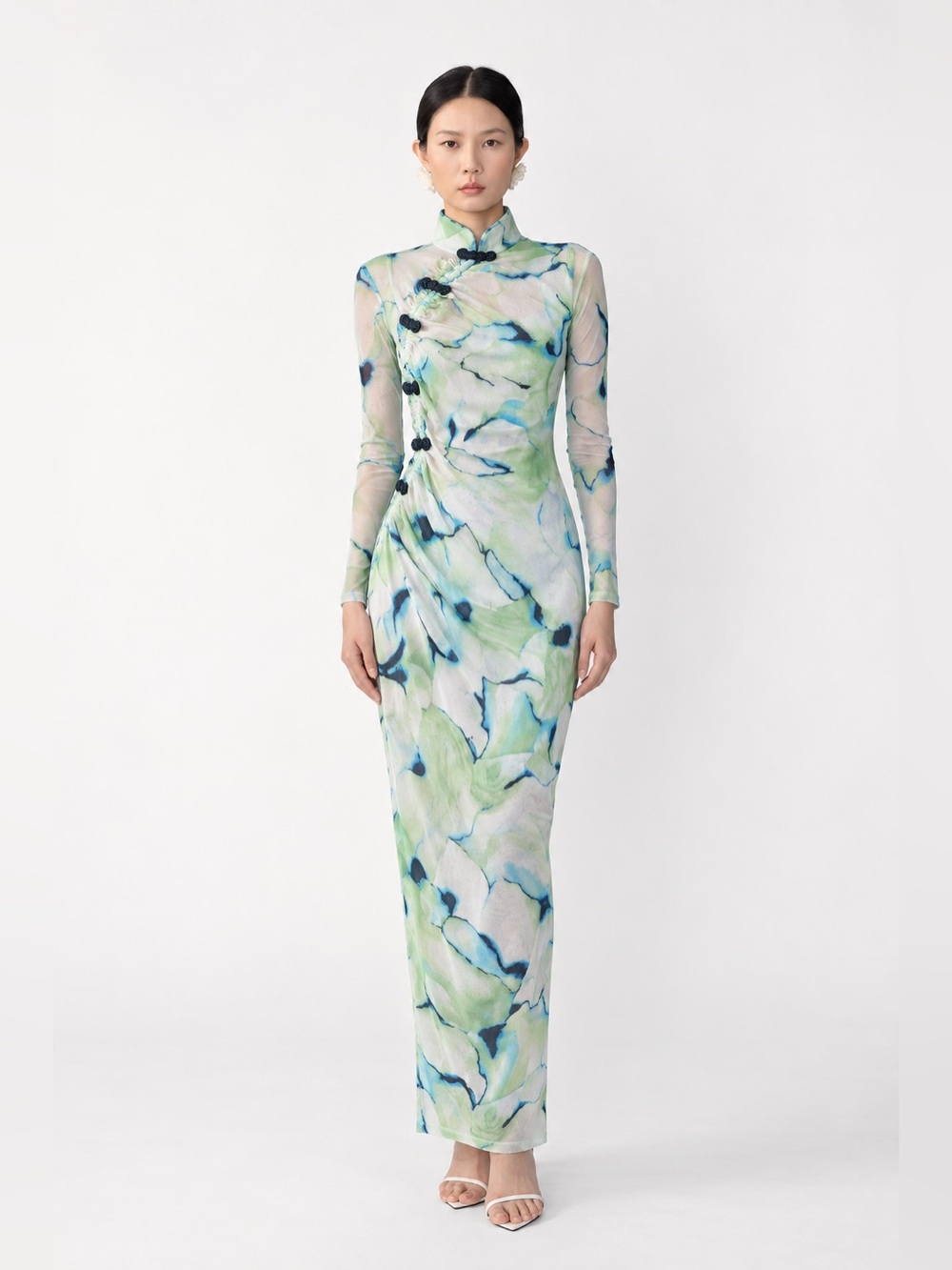 SAU LEE Blue Green Floral Mesh Long Sleeve Mandarin Collar Maxi Dress